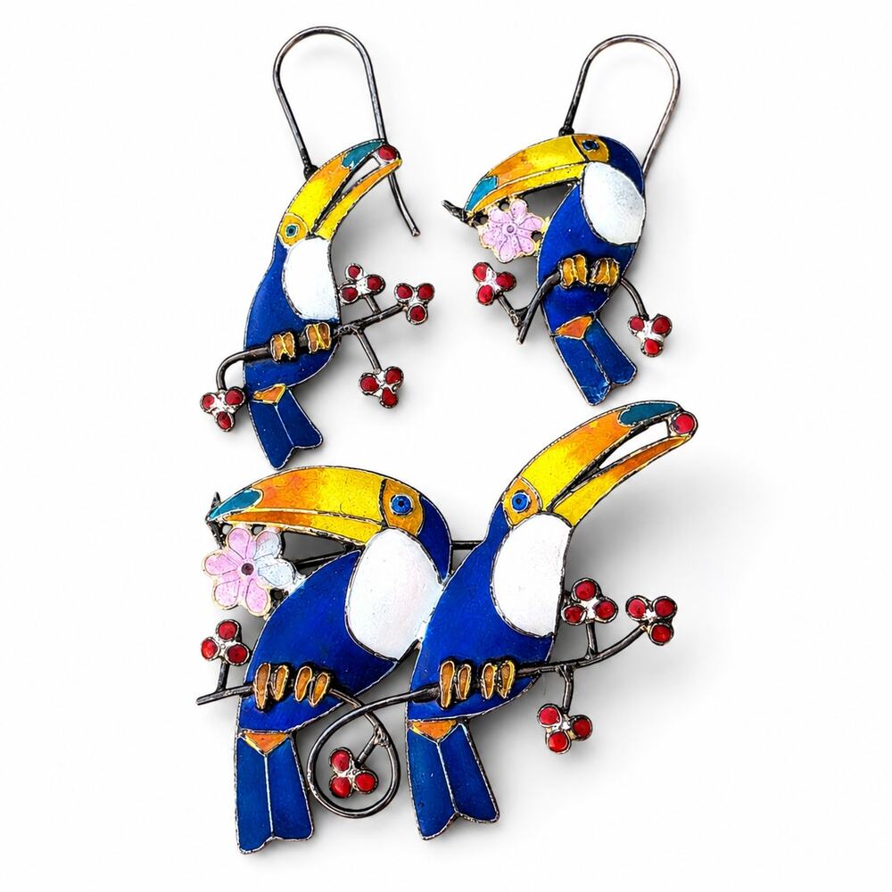 VTG Toucan Enamel Sterling Silver Brooch/Earrings Set Colorful Cloisonne Design